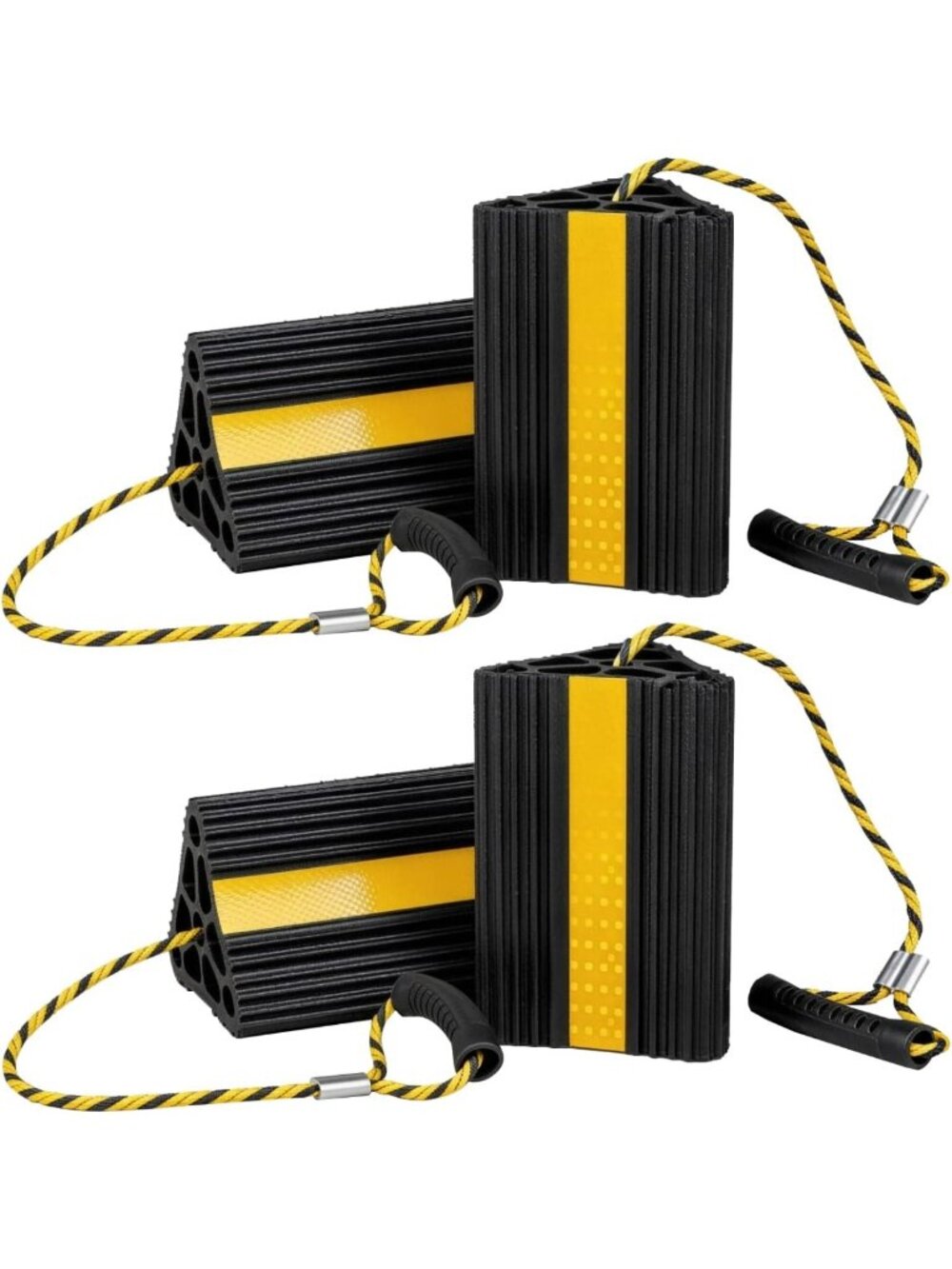 Heavy Duty Rubber Wheel Chocks 4pc Set with Handle Rope & Reflective Tape for